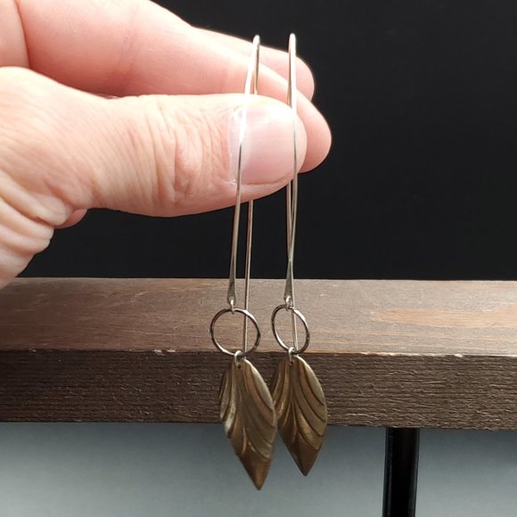 Sterling Silver & Brass Nature Leaf Large Earrings - Picture 3 of 5